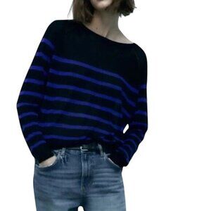 Zara Striped Pullover Sweater Sz Small Crewneck Long Sleeve Black Blue Cozy Knit